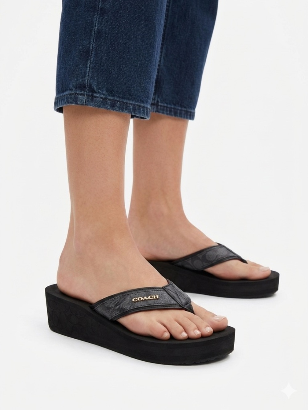 COACH Y2K Jolene Black Signature Canvas Platform Wedge Flip Flop Sandals